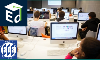 Group of students in a classroom sitting in front of computers.  US dept. of Ed Office of civil rights logo. ADA national network logo